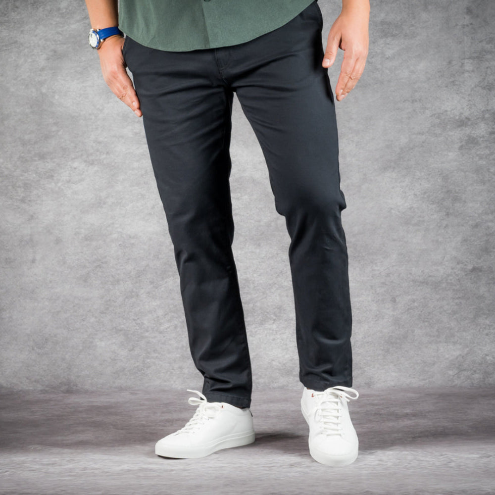 prefect fit, short length black chino pants for men under 5'9". Inseam length from 25 to 29.