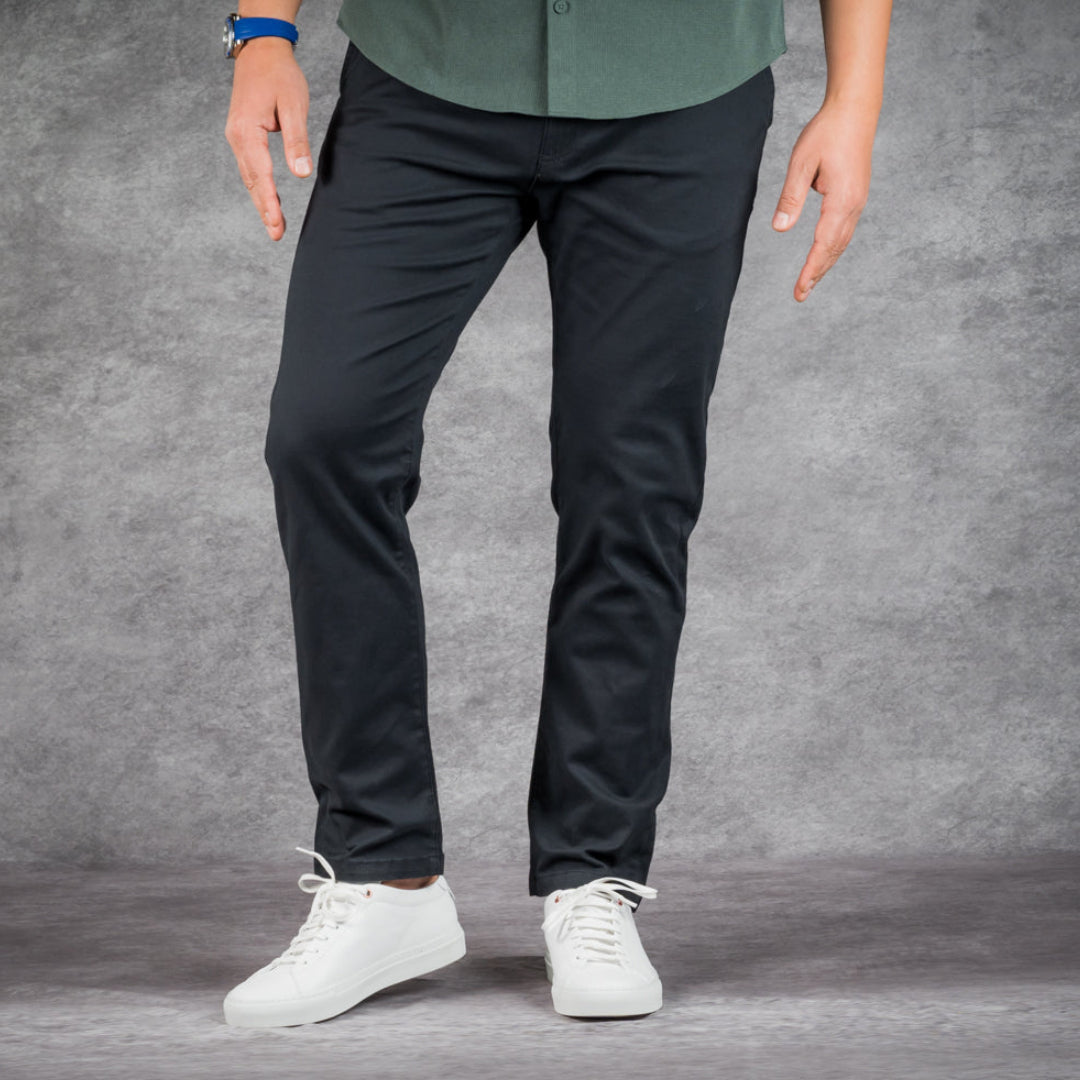 prefect fit, short length black chino pants for men under 5'9". Inseam length from 25 to 29.