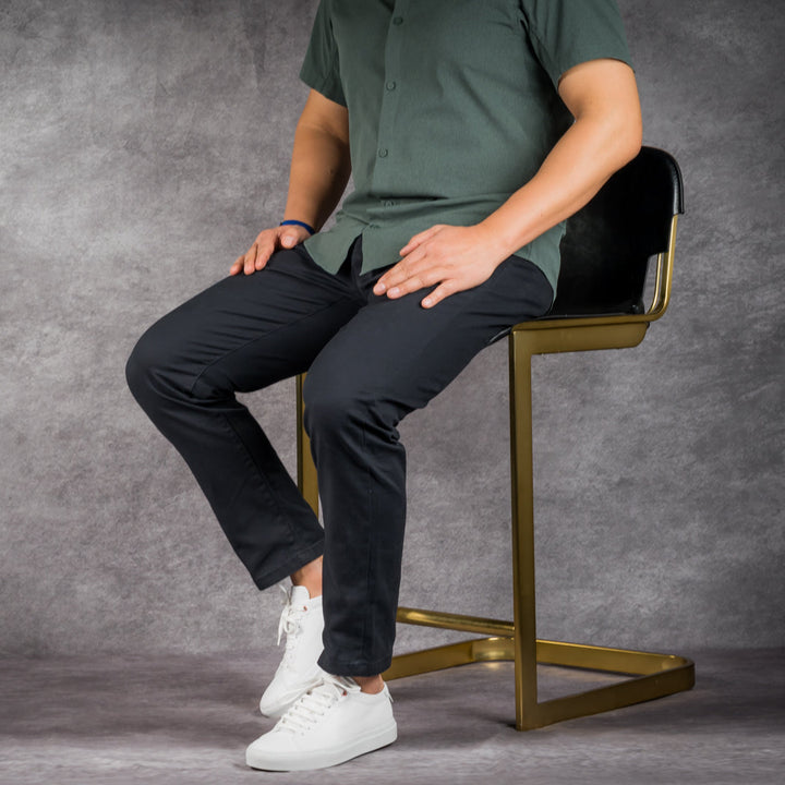 prefect fit, short length black chino pants for men under 5'9". Inseam length from 25 to 29.