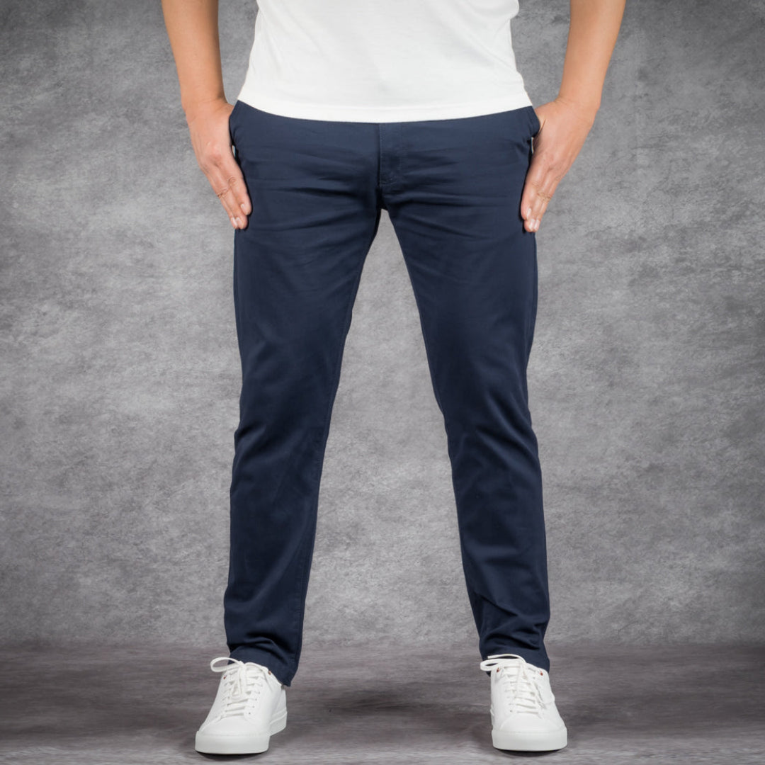 prefect fit, short length navy chino pants for men under 5'9". Inseam length from 25 to 29.