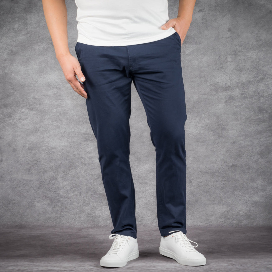 prefect fit, short length navy chino pants for men under 5'9". Inseam length from 25 to 29.