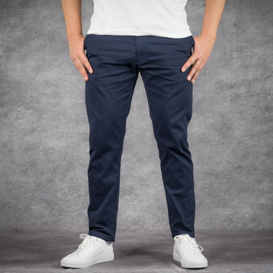 prefect fit, short length navy chino pants for men under 5'9". Inseam length from 25 to 29.