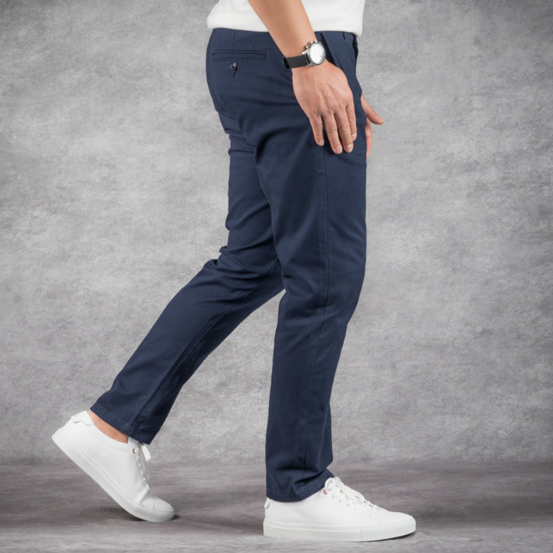 prefect fit, short length navy chino pants for men under 5'9". Inseam length from 25 to 29.