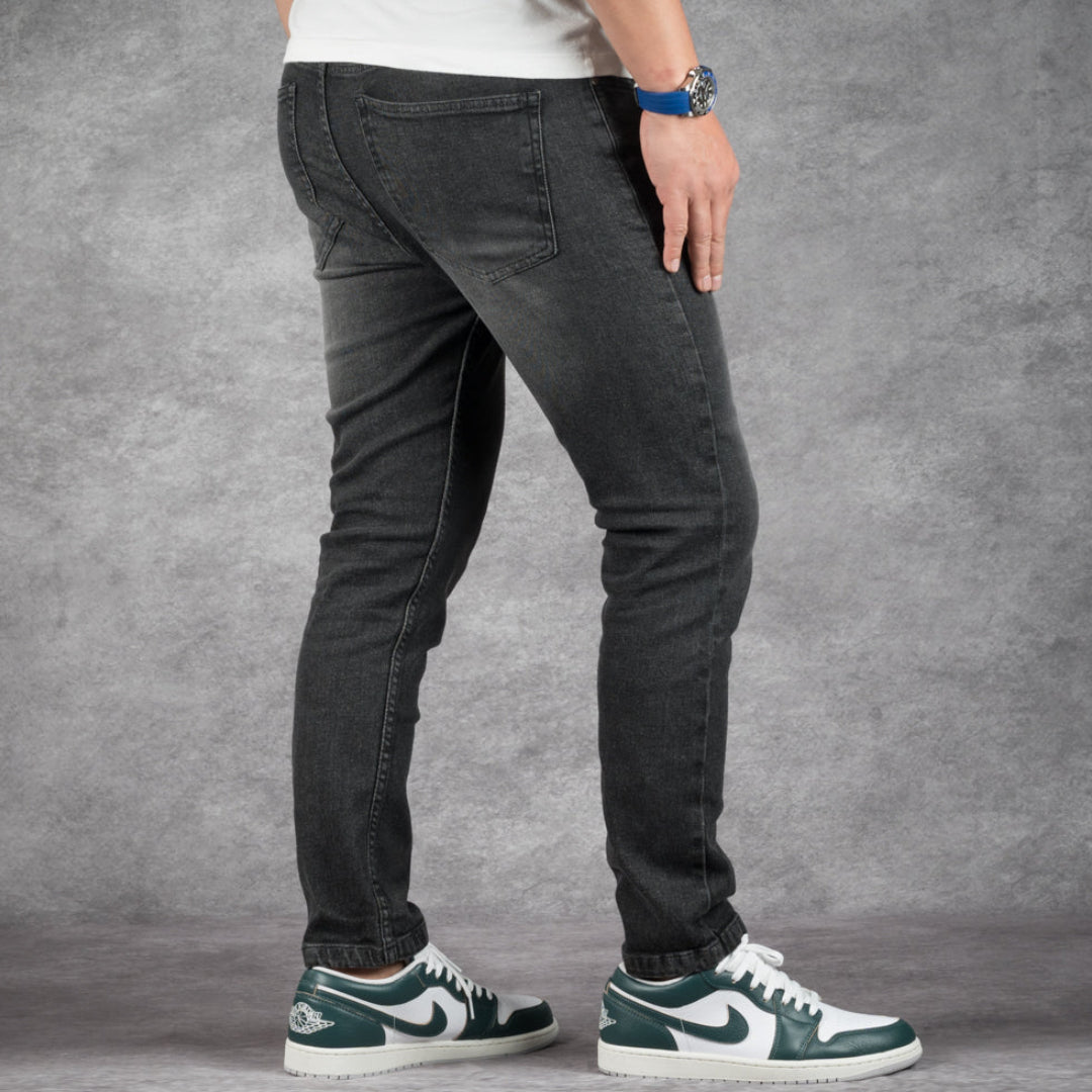 prefect fit, short length black wash jeans for men under 5'9". Inseam length from 25 to 29.