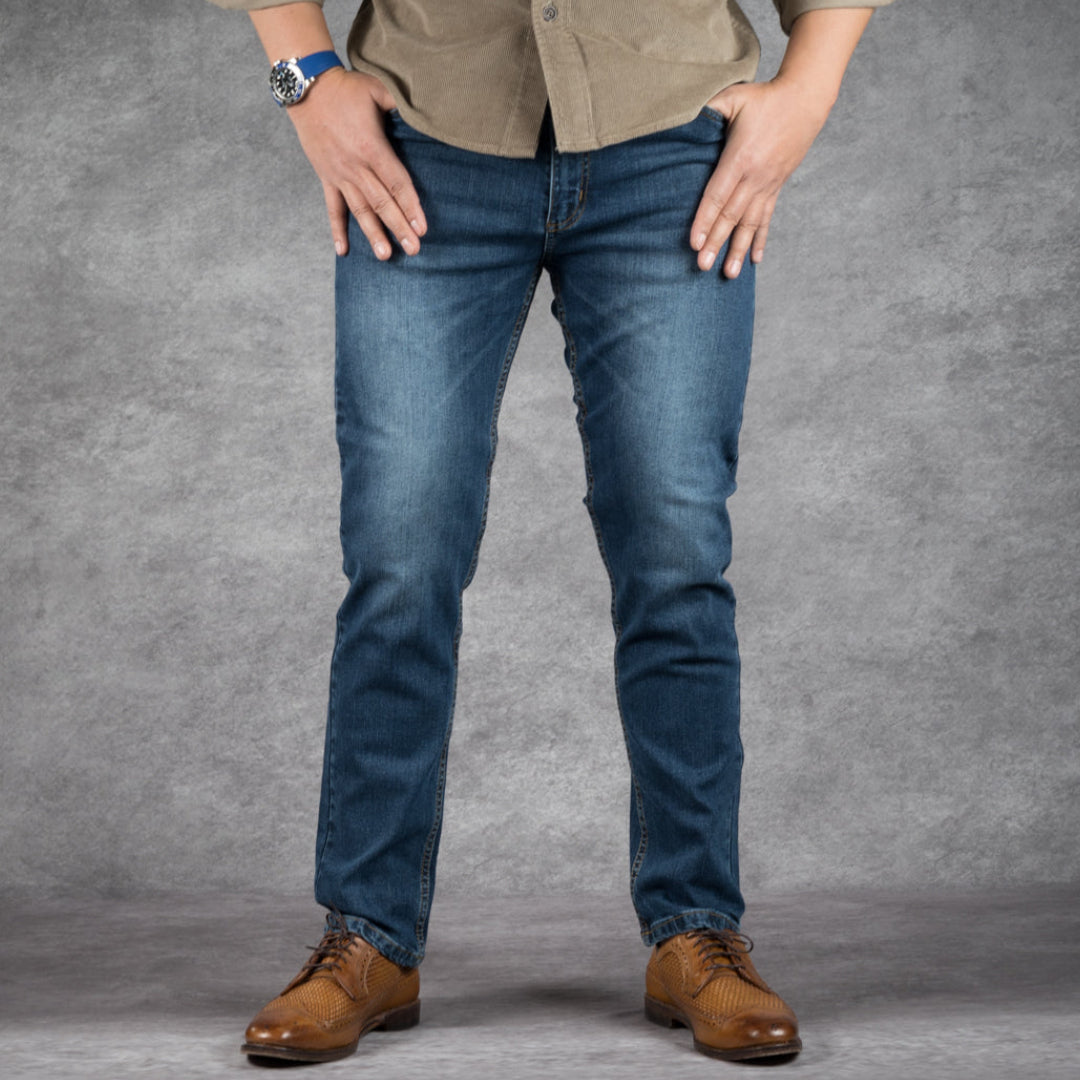 prefect fit, short length blue wash jeans for men under 5'9". Inseam length from 25 to 29.