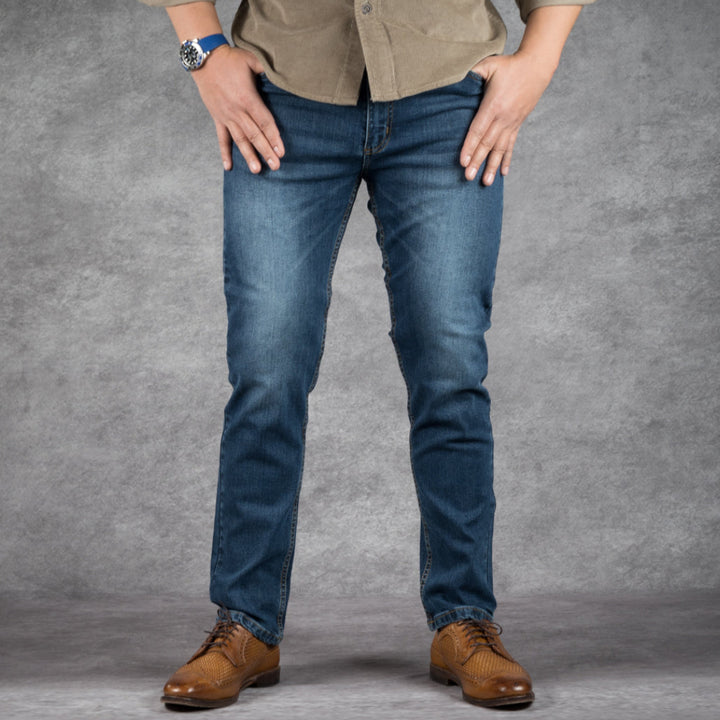prefect fit, short length blue wash jeans for men under 5'9". Inseam length from 25 to 29.