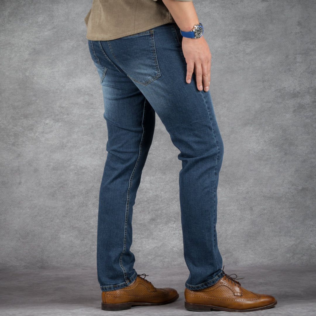 prefect fit, short length blue wash jeans for men under 5'9". Inseam length from 25 to 29.