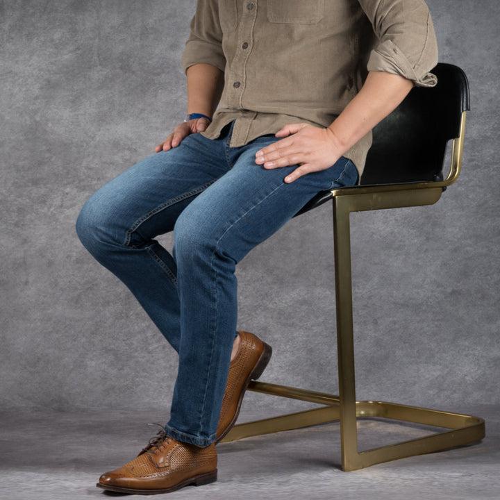 prefect fit, short length blue wash jeans for men under 5'9". Inseam length from 25 to 29.