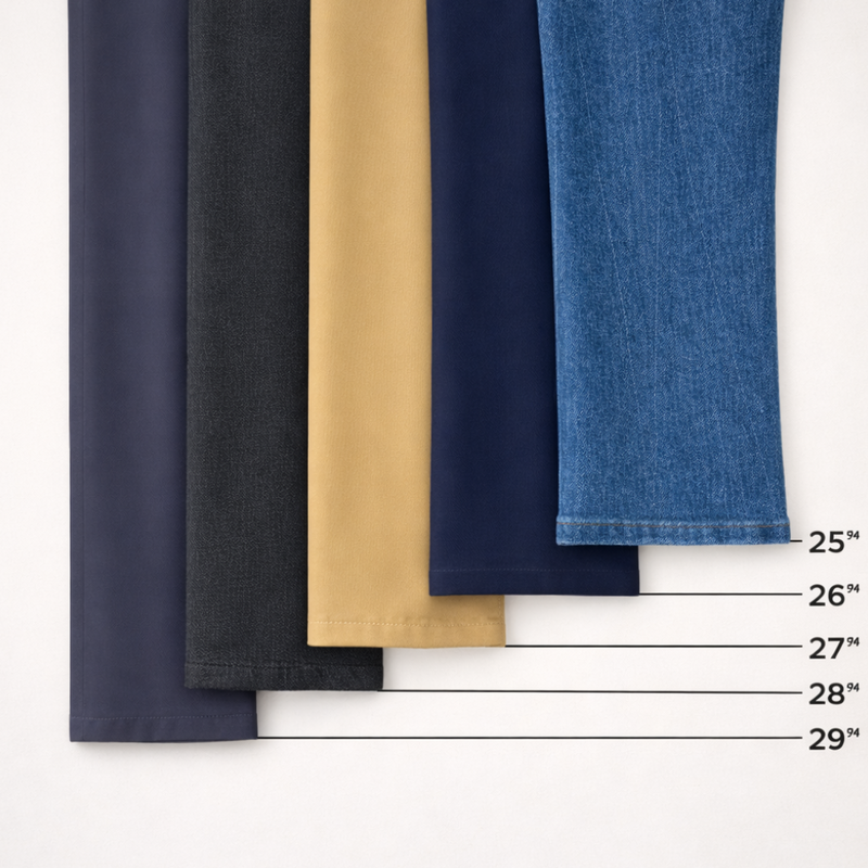 jeans and chinos with inseam length 25, 26, 27, 28 and 29. perfect fit for short men under 5 foot 9 inch.